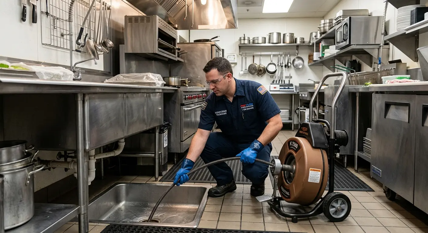 Commercial drain cleaning service in a restaurant kitchen in East San Gabriel