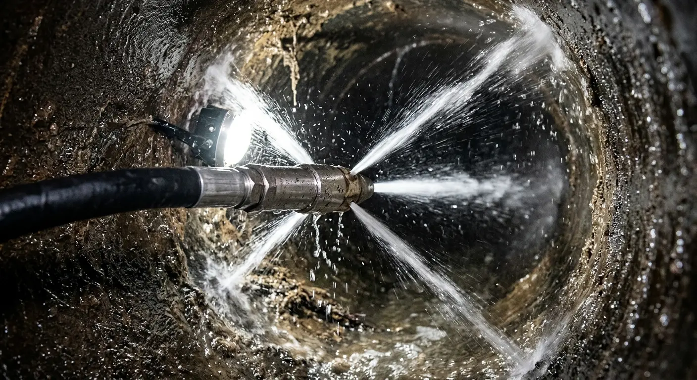 High-pressure hydro jetting nozzle cleaning sewer pipe for Emergency Drain Service in East San Gabriel