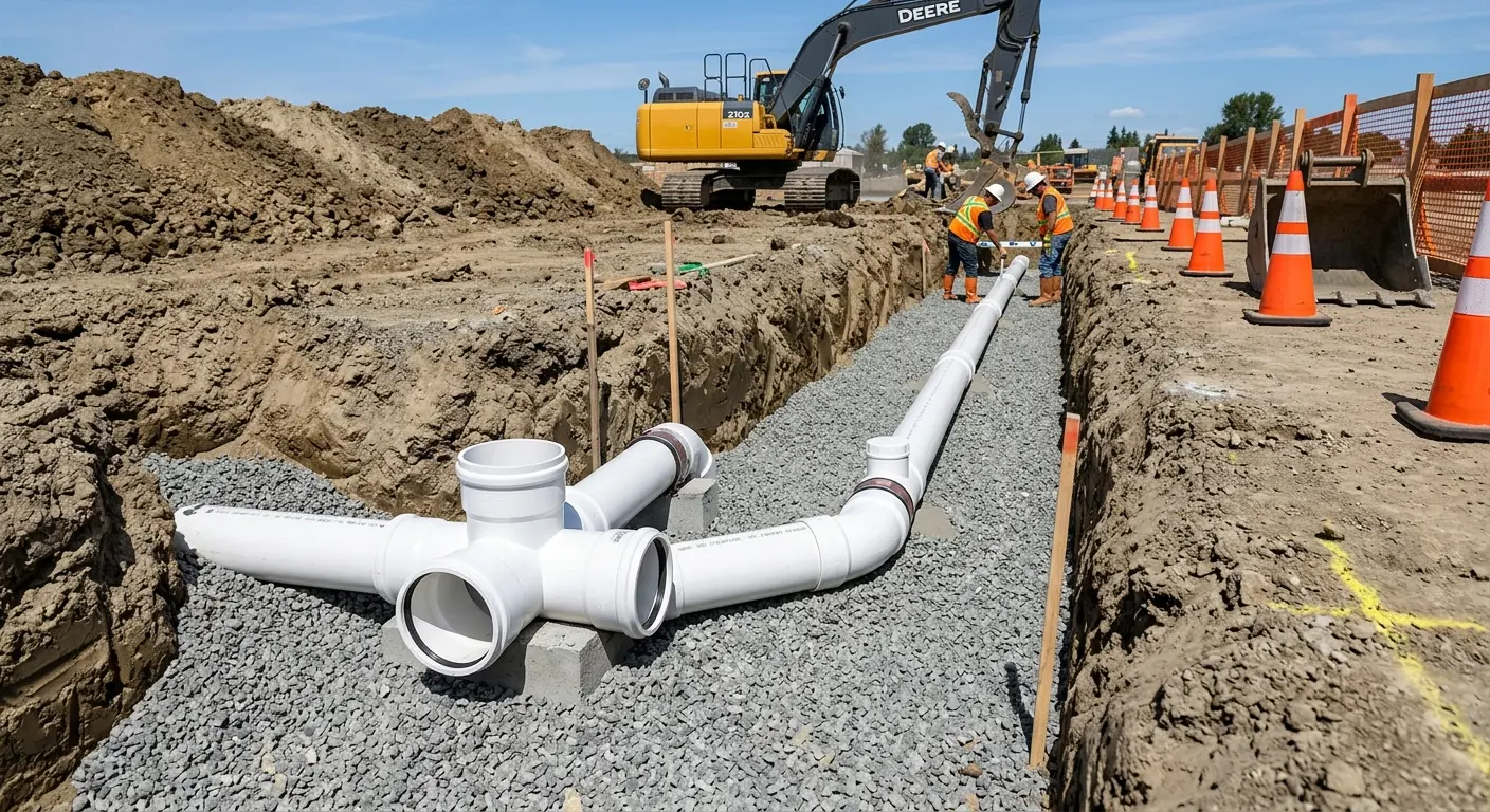 New PVC sewer pipe installation in open trench for Grease Trap Cleaning in East San Gabriel